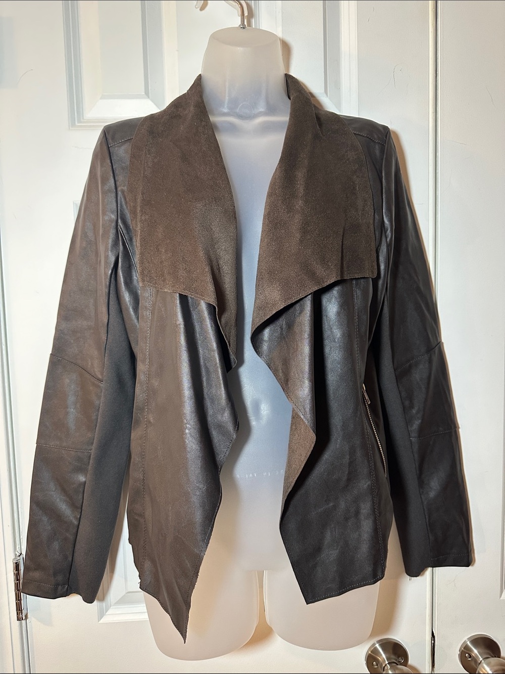 C. Luce Brown Draped Leather Jacket with Suede Collar